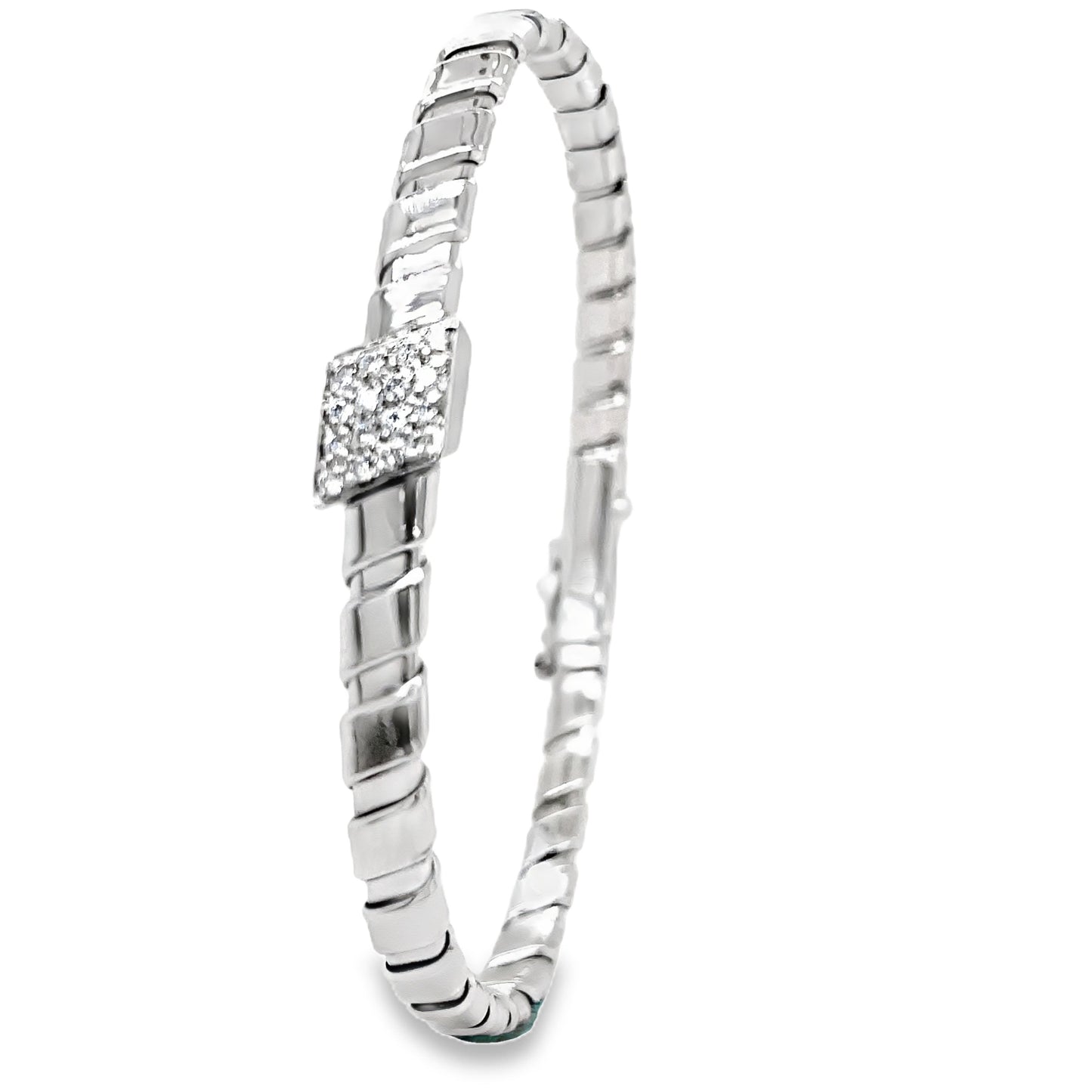 Italian Two Tone Diamond Flexible Ridged White Gold Bangle Bracelet Side view 