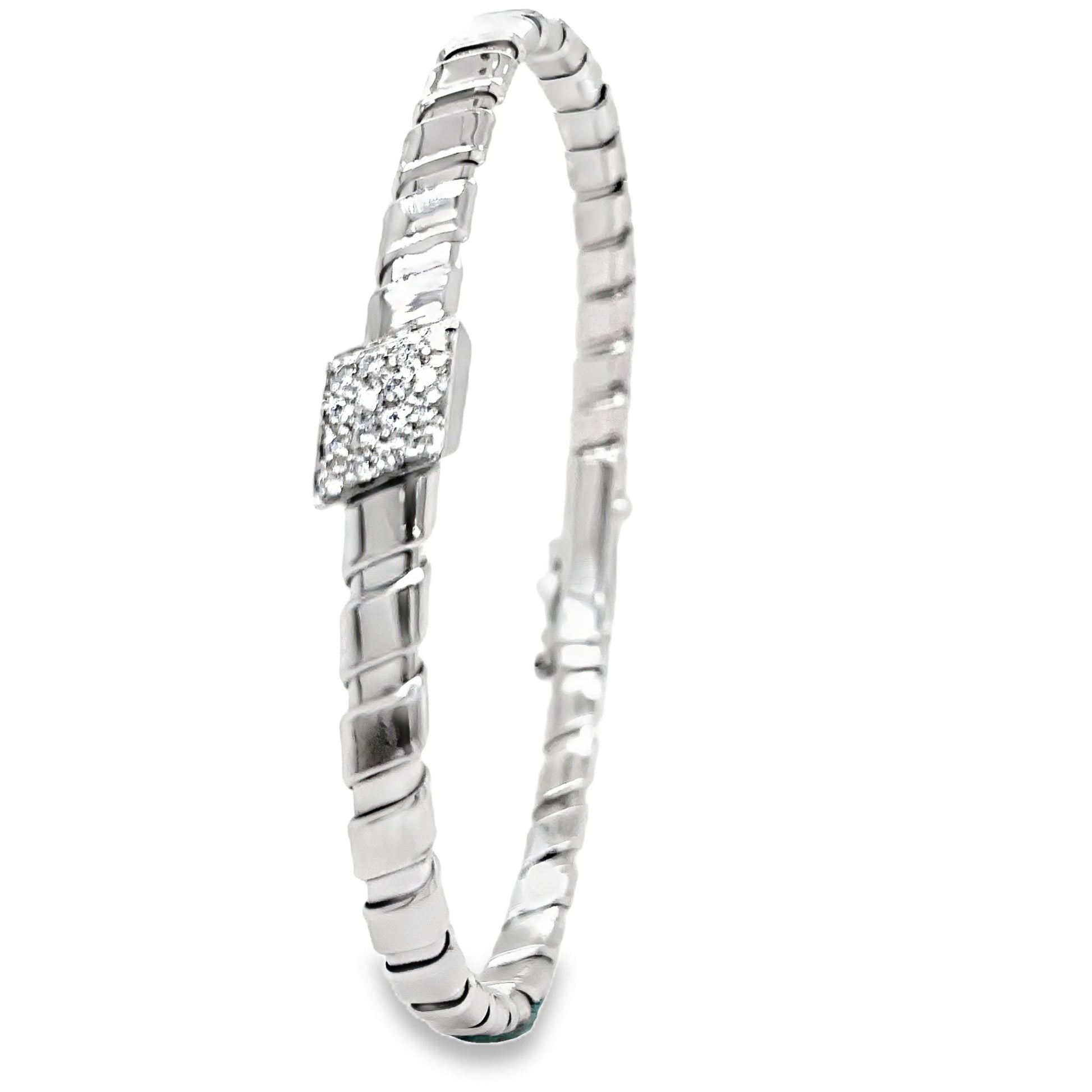Italian Two Tone Diamond Flexible Ridged White Gold Bangle Bracelet Side view 