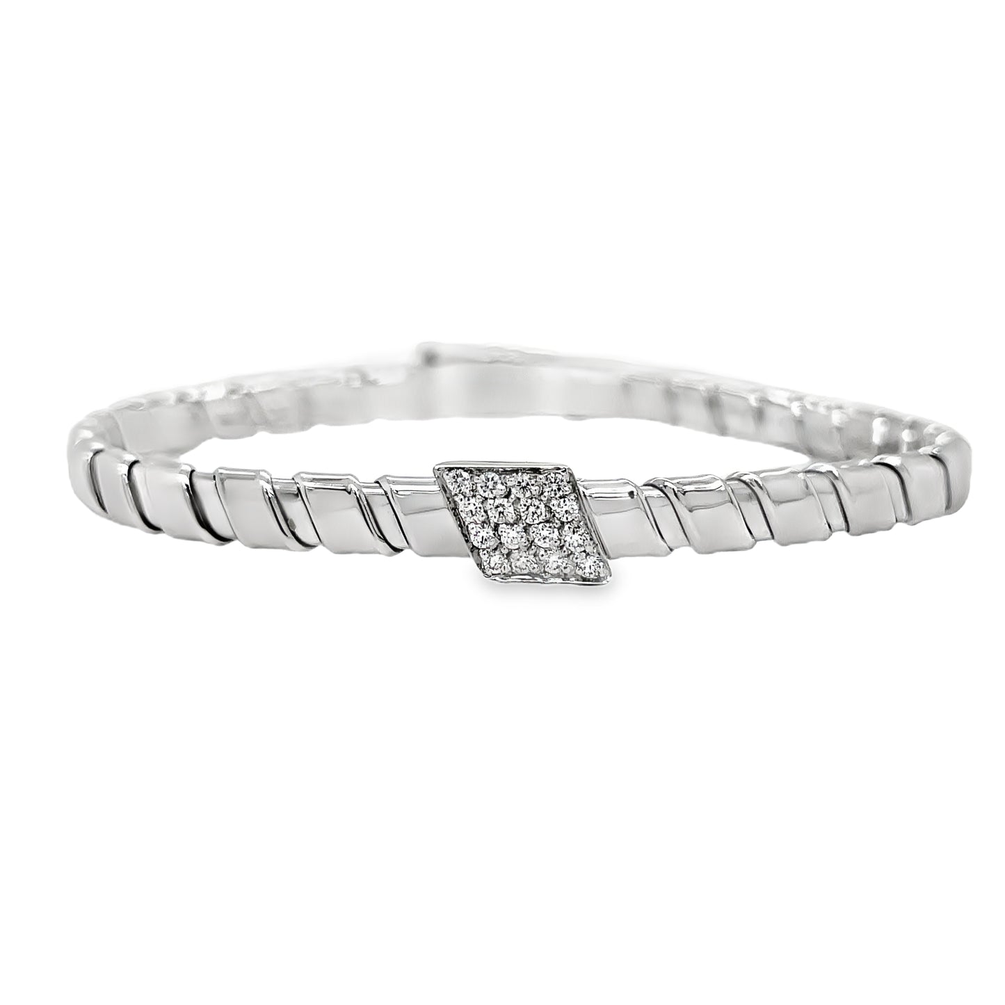 Italian Two Tone Diamond Flexible Ridged White Gold Bangle Bracelet Front view 