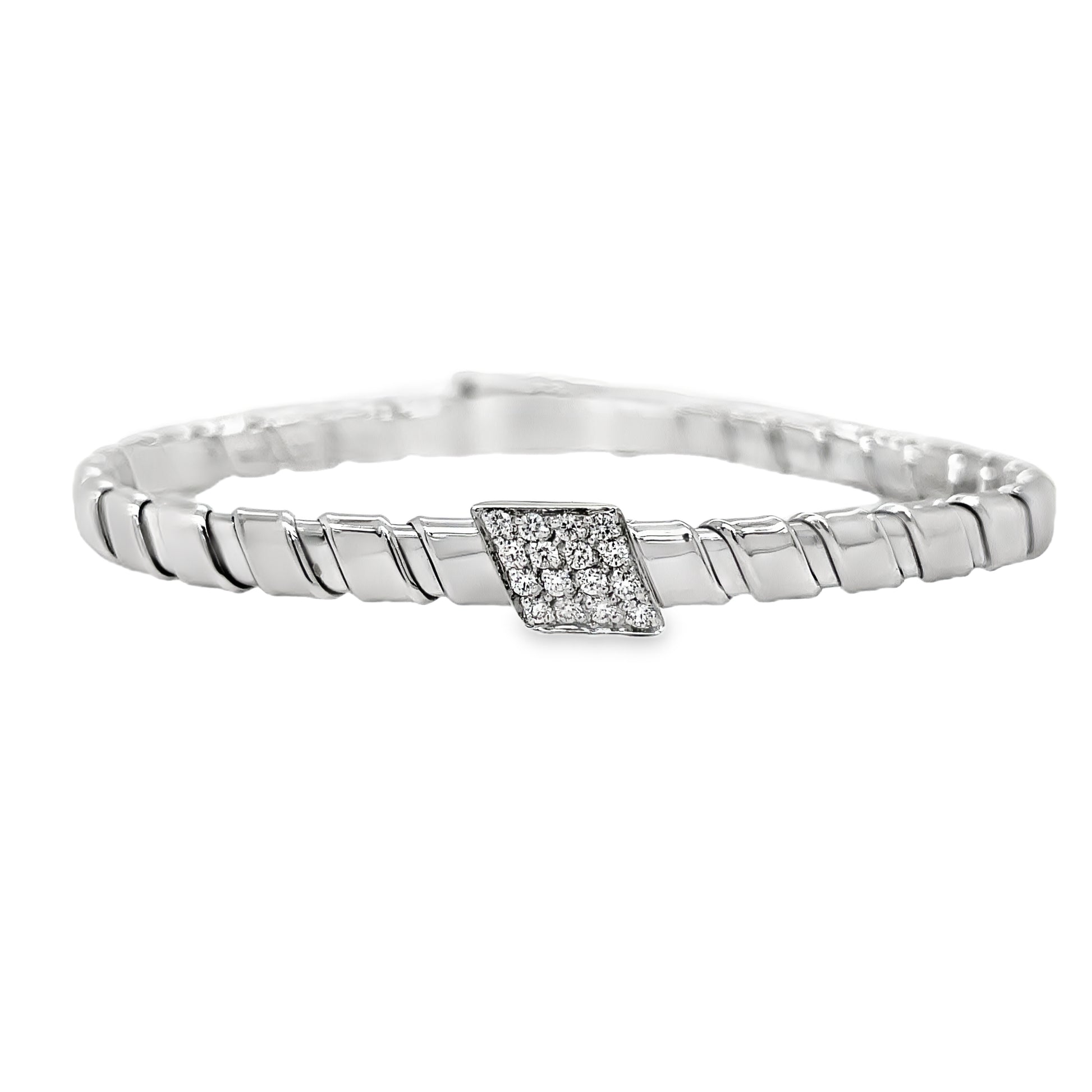 Italian Two Tone Diamond Flexible Ridged White Gold Bangle Bracelet Front view 