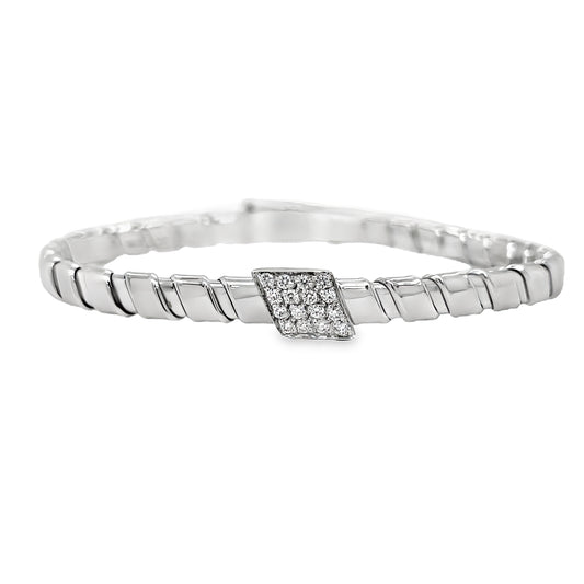 Italian Two Tone Diamond Flexible Ridged White Gold Bangle Bracelet Front view 