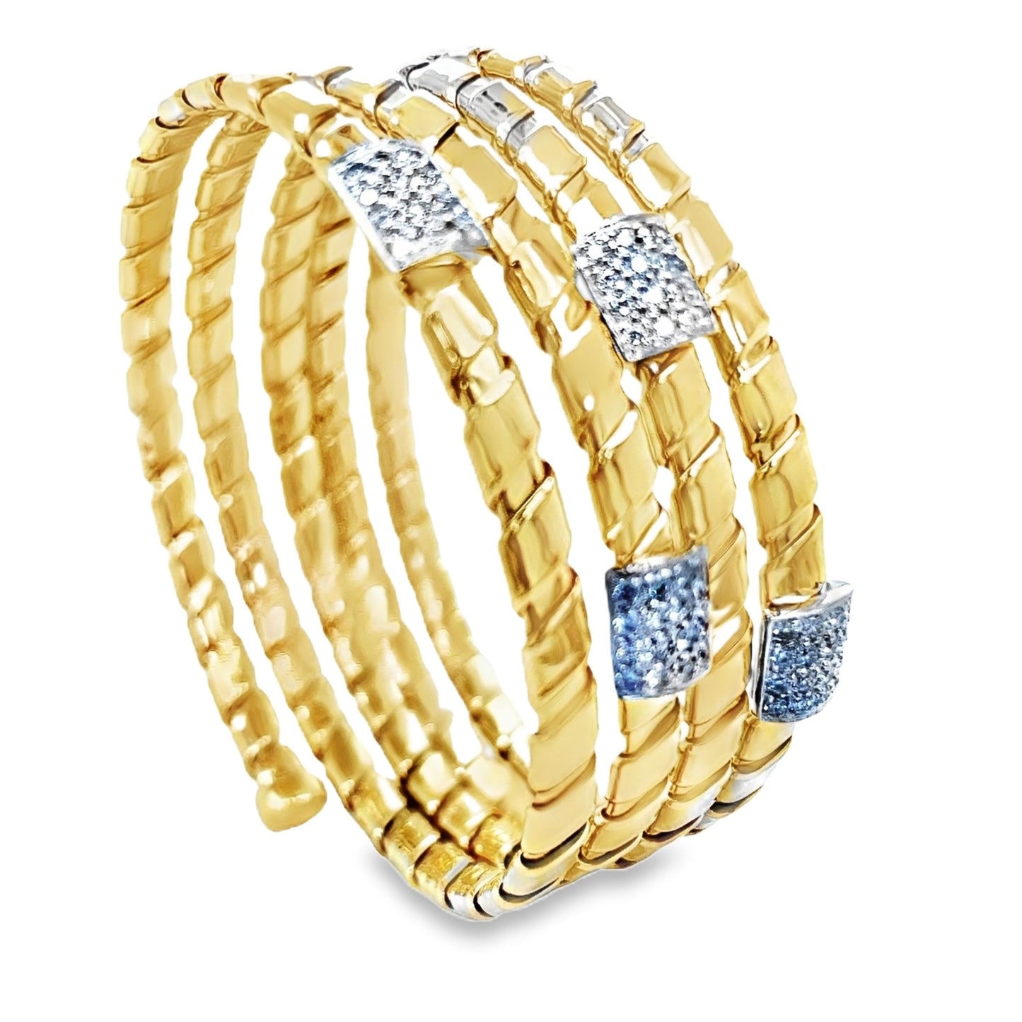 Italian Diamond Yellow Gold Wrap Around Spiral Flexible Bangle Bracelet Top view 