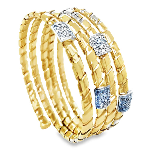 Italian Diamond Yellow Gold Wrap Around Spiral Flexible Bangle Bracelet Top view 