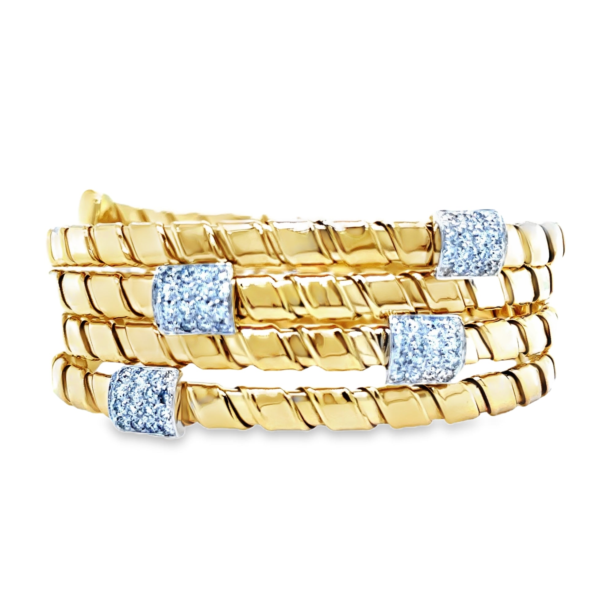 Italian Diamond Yellow Gold Wrap Around Spiral Flexible Bangle Bracelet Front view 