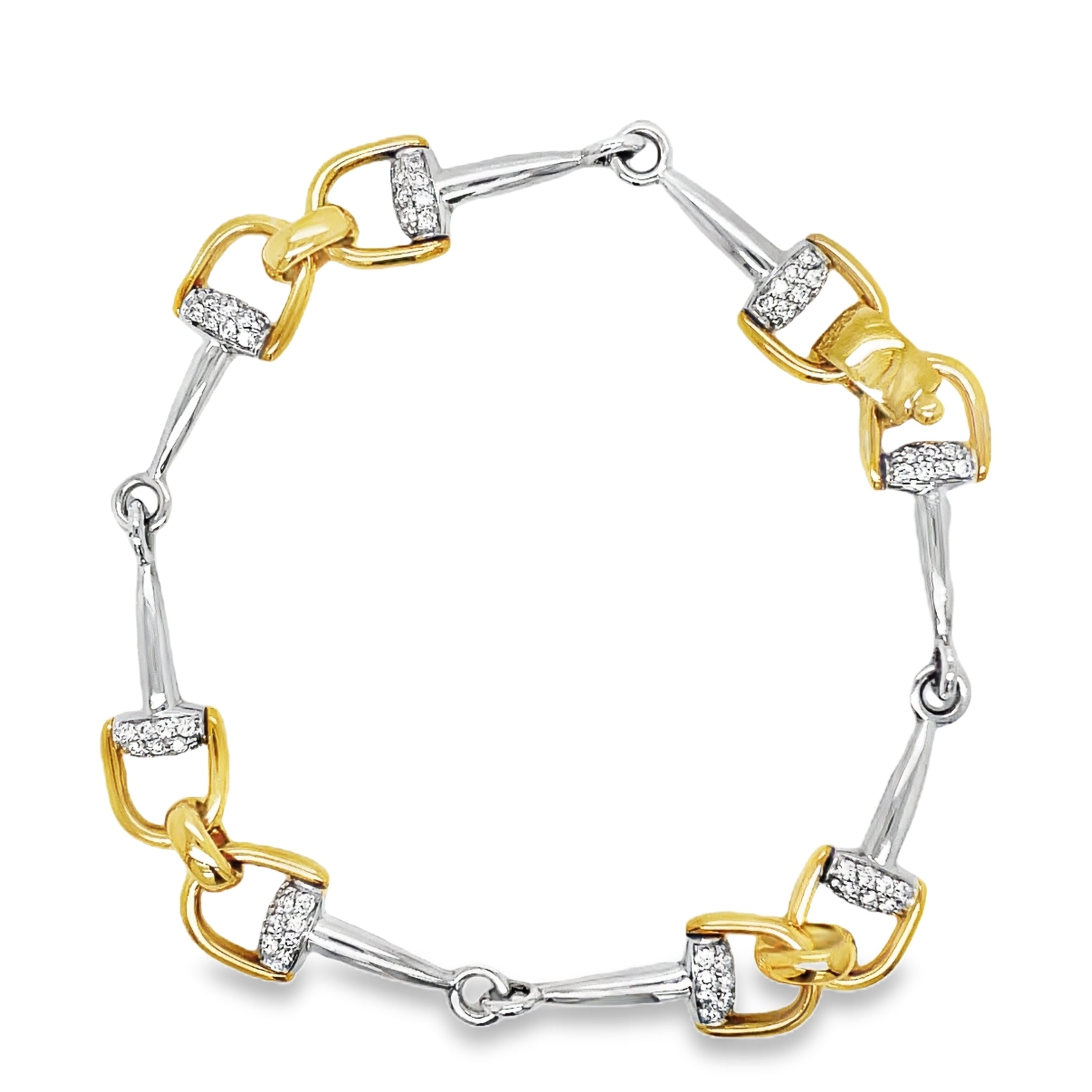 Indulge in luxury with our 18k Italian Yellow Gold Horse Bit Link Bracelet! Made in Italy, this everyday accessory is perfect for easy stacking and adds a touch of elegance to any outfit. Set in a flawless 18k yellow gold mounting and round diamonds 1.15 cts with secure clasp. Its versatile 7-inch length with sizing loops ensures the perfect fit. Elevate your jewelry collection with this exquisite piece!"