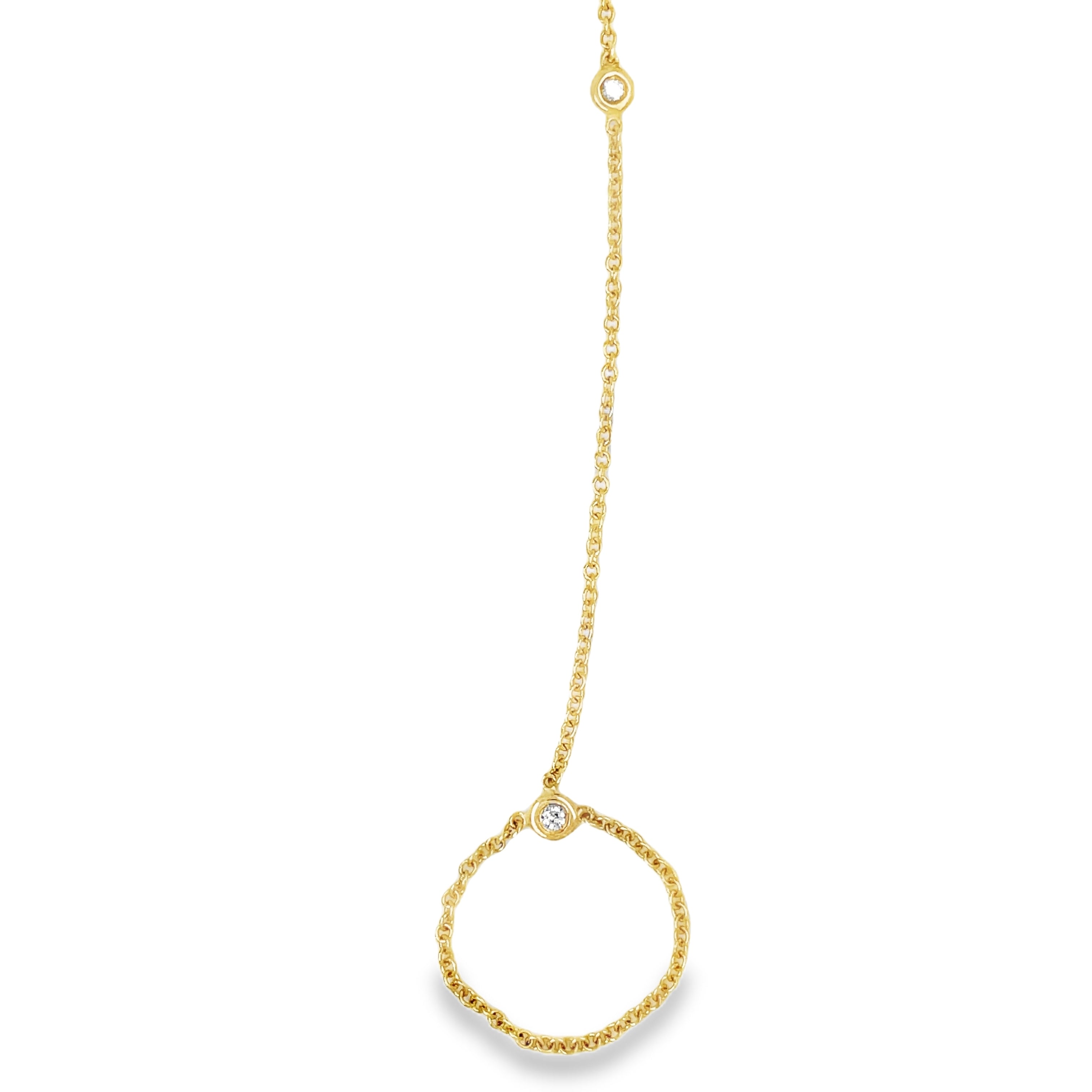 is exquisite hand chain is expertly crafted in Italy from 14k yellow gold and features five stunning diamonds, each individually bezel set for added security. The 1.3 mm thickness chain is both elegant and durable, while the secure lobster clasp ensures a perfect fit. Elevate your look with this hand-made, luxurious piece.