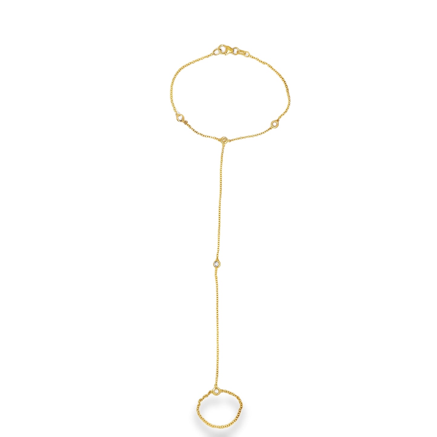 Handmade 14k yellow gold Diamond Hand Chain Top View Clasp Fastened 