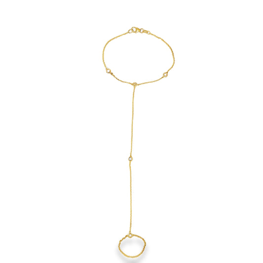 Handmade 14k yellow gold Diamond Hand Chain Top View Clasp Fastened 