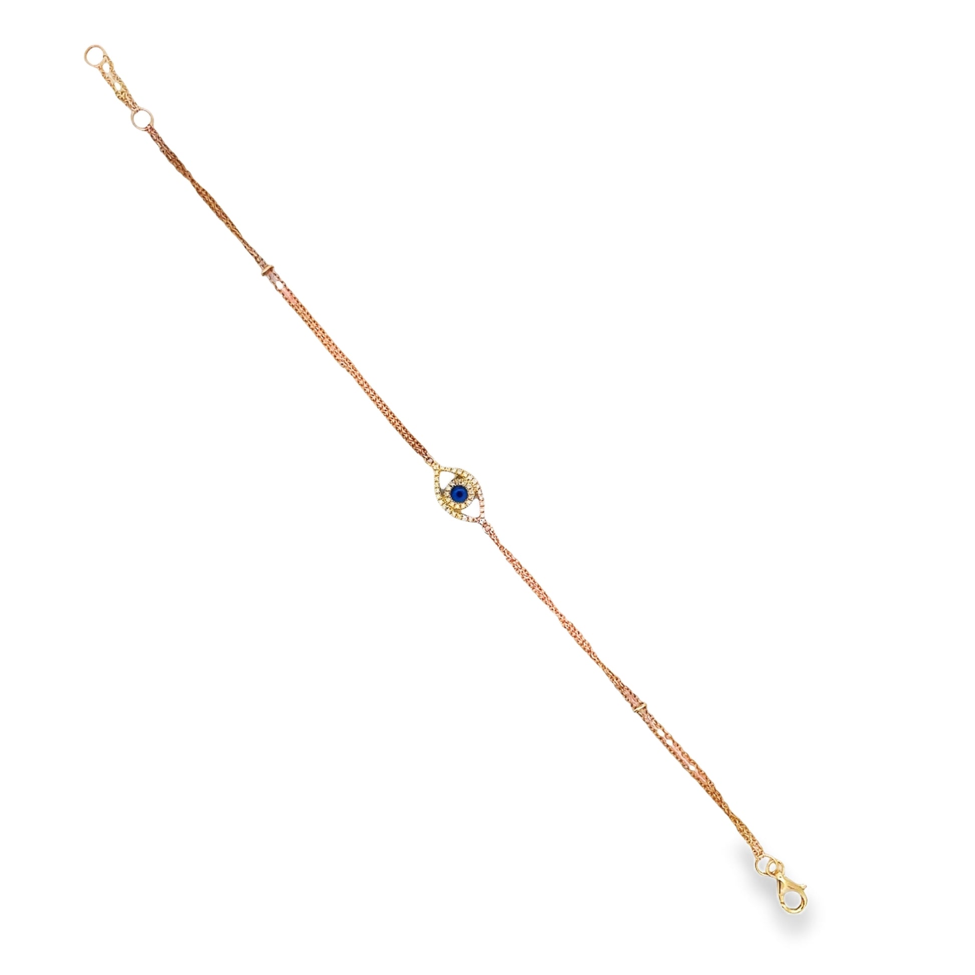 Top view of Diamond Oval Evil Eye Double Row Chain Yellow Gold Bracelet