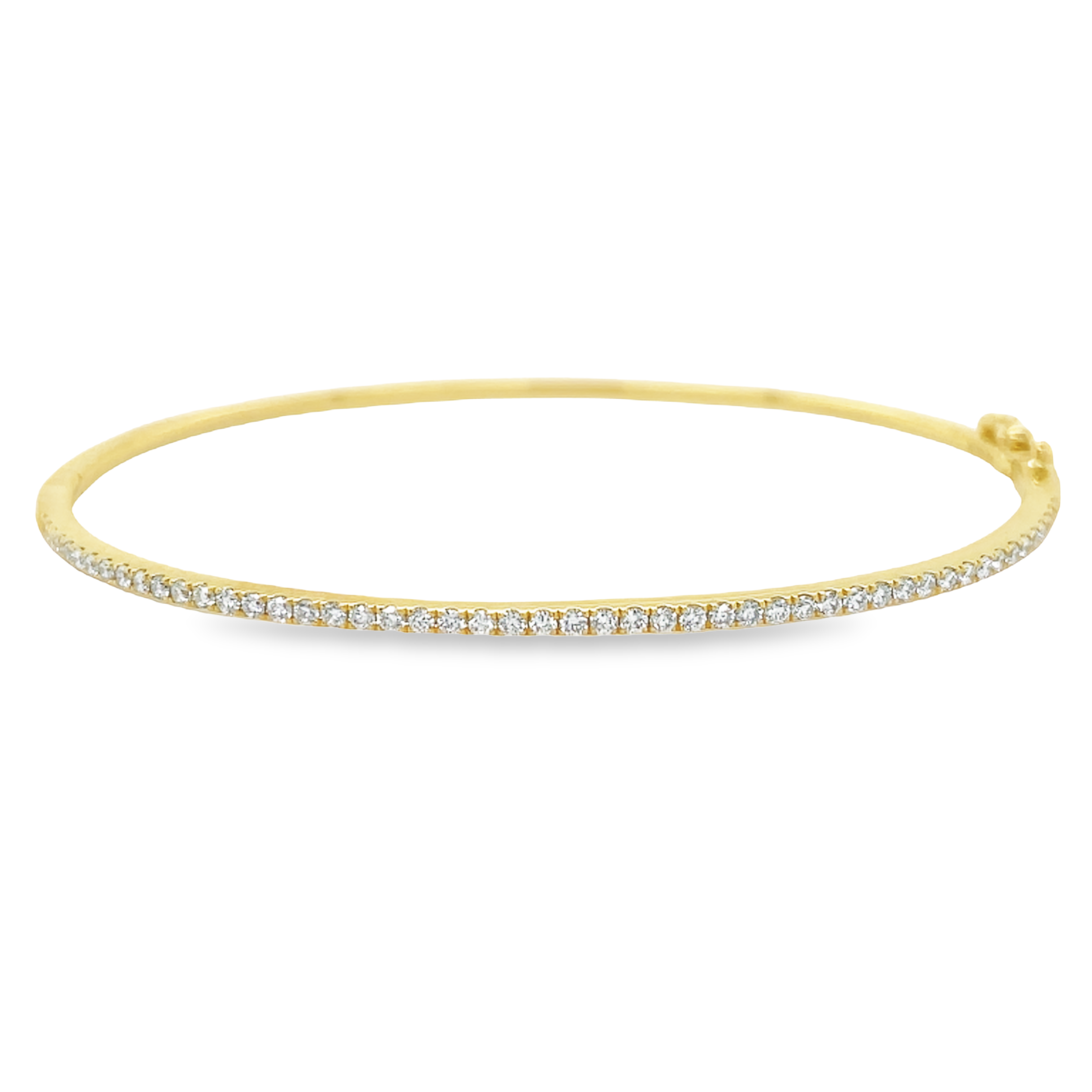This luxurious dainty bangle bracelet crafted in 18K yellow gold is set with 0.48 carats of round diamonds. It is the perfect accessory to add a great sparkle to any ensemble or stack multiple for a bolder look.  F/G color  Hinge system  Secure fig 8  Prong setting 