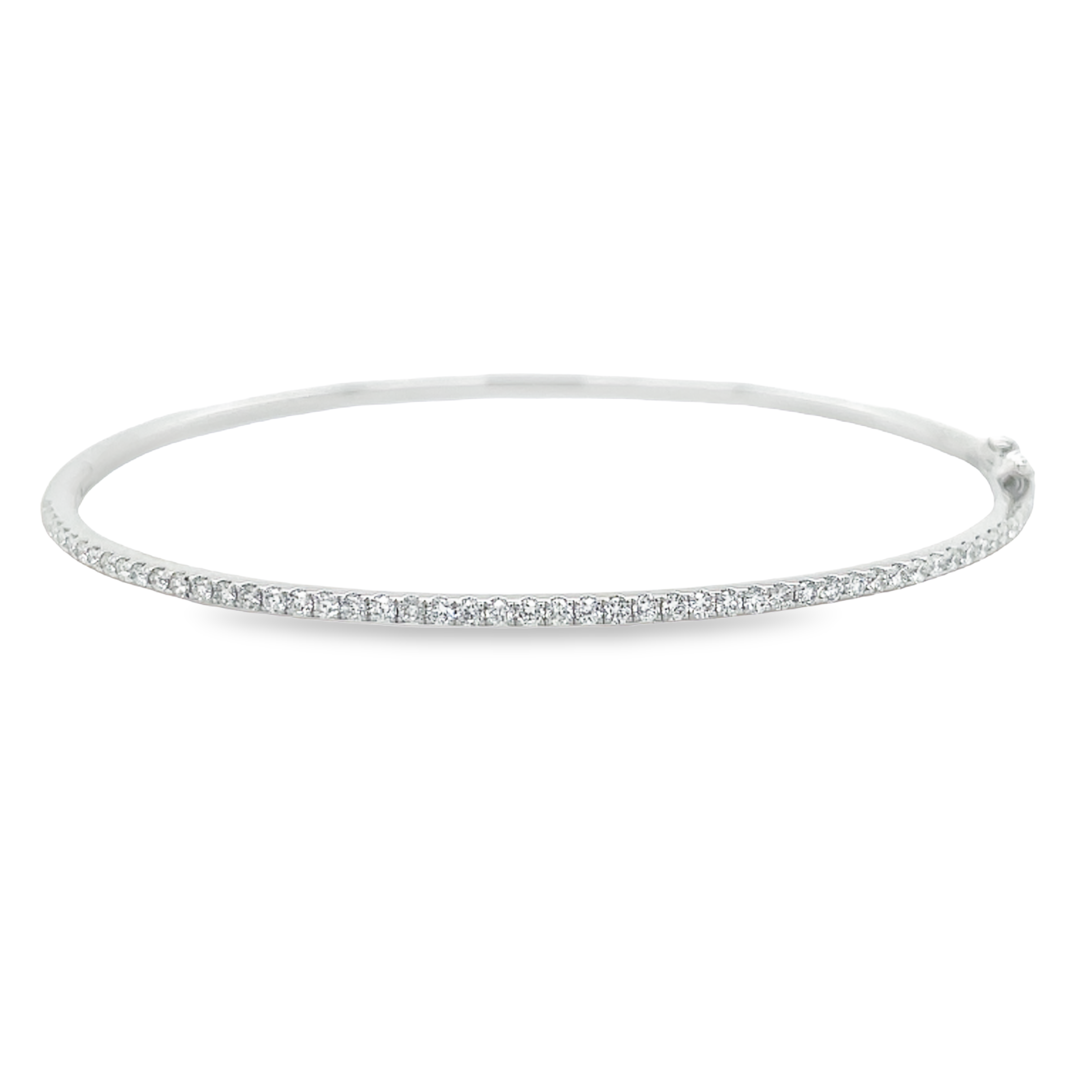 This luxurious dainty bangle bracelet crafted in 18K white gold is set with 0.48 carats of round diamonds. It is the perfect accessory to add a subtle sparkle to any ensemble or stack multiple for a bolder look.  F/G color  Hinge system  Secure fig 8  Prong setting 