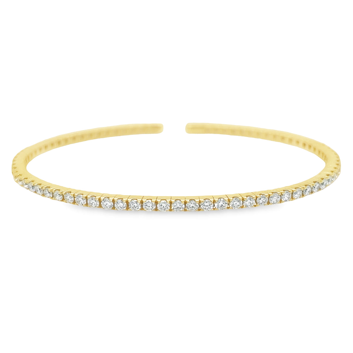 Diamond Flexible Yellow Gold Cuff Bangle Front view Open Clasp