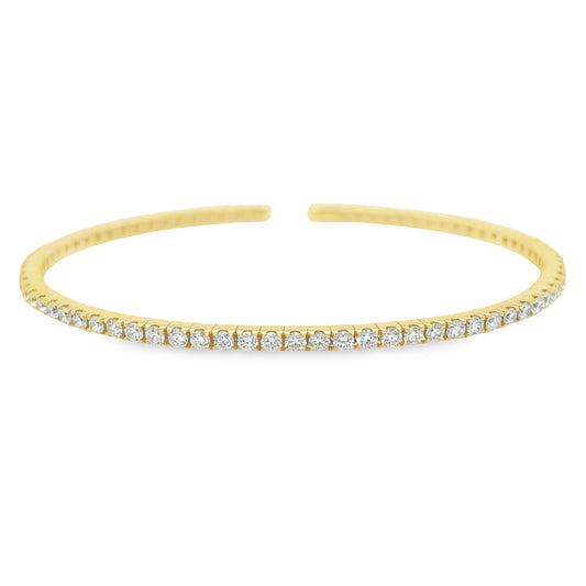 Diamond Flexible Yellow Gold Cuff Bangle Front view Open Clasp