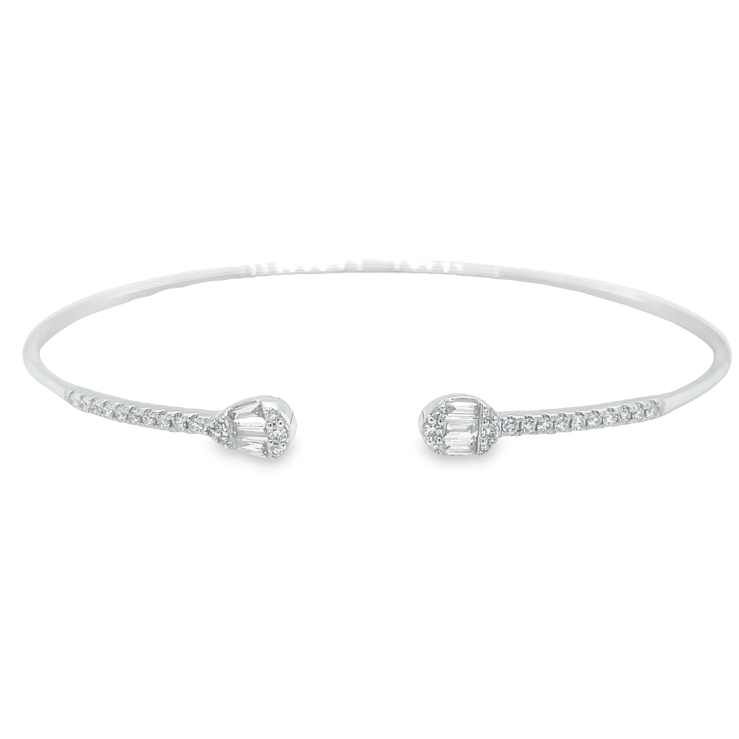 Mixed Cut Diamond Flexible White Gold Cuff Bangle Front view Open Clasp