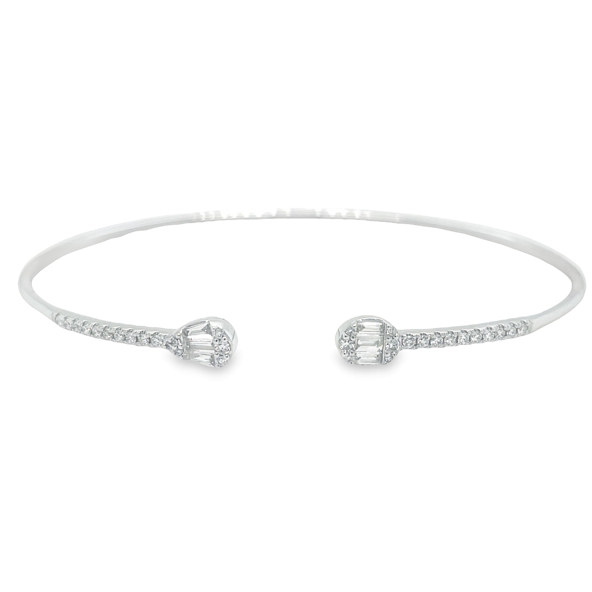 Mixed Cut Diamond Flexible White Gold Cuff Bangle Front view Open Clasp