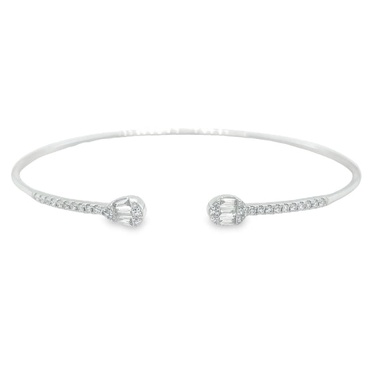 Mixed Cut Diamond Flexible White Gold Cuff Bangle Front view Open Clasp