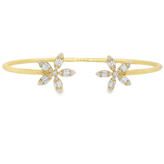 Front view of Mixed Cut Flower Motif Diamond Flexible Yellow Gold Cuff Bangle