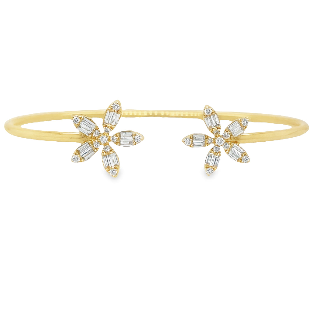 This diamond flexible flower motif yellow gold bangle is the perfect choice for effortless elegance. Crafted with 0.55 cts of brilliant diamonds, it slips on easily for glamorous style. Add a classic touch to any look with this timeless piece.  Beautiful mixed cut of round & baguette diamonds to create two stunning flowers.