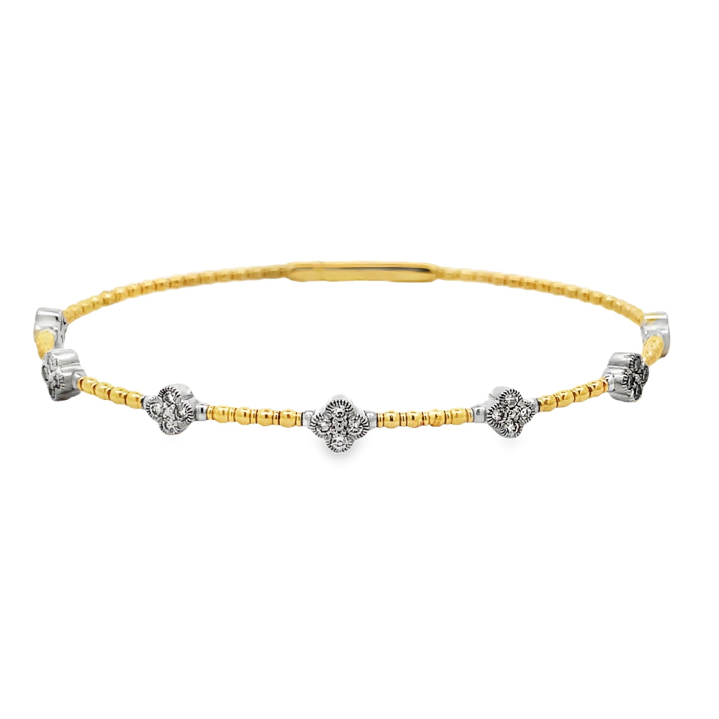 Front view of 14k Flexible White and Yellow Gold Seven Station Diamond Bangle Bracelet 