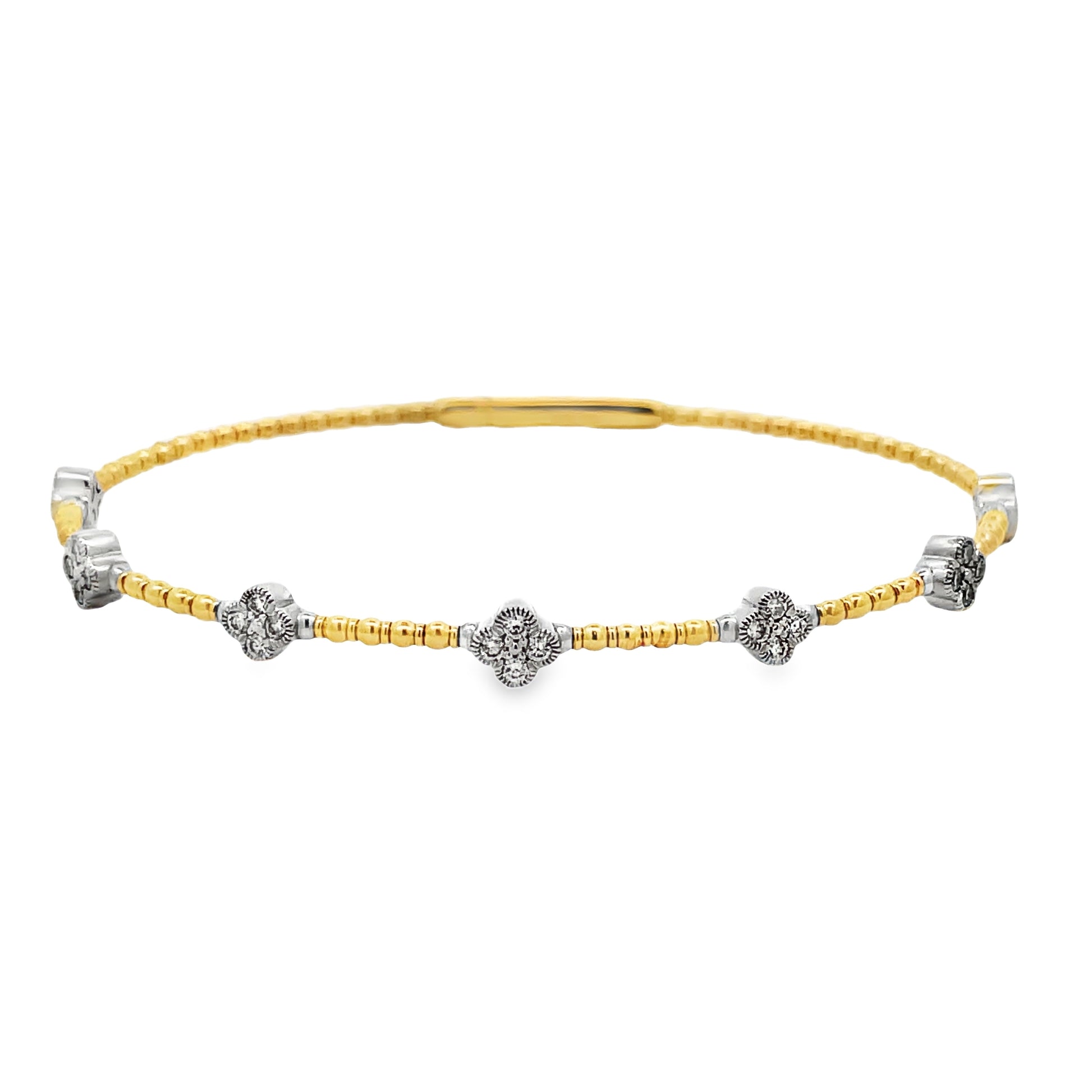 Front view of 14k Flexible White and Yellow Gold Seven Station Diamond Bangle Bracelet 