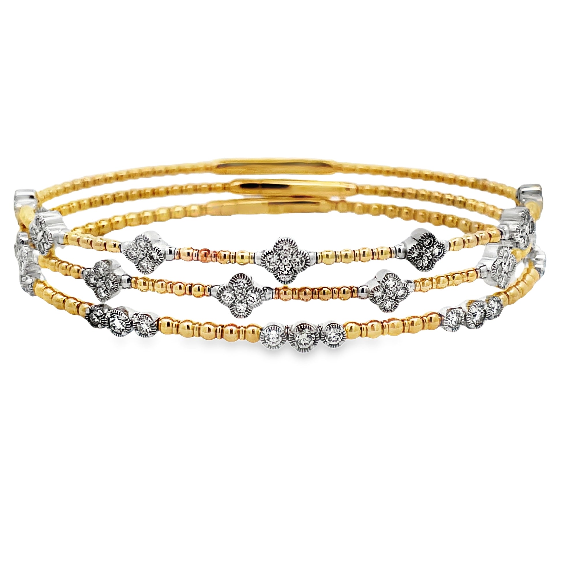 Front view of 14k Flexible White and Yellow Gold Five Triple Circle Station Diamond Bangle Bracelet