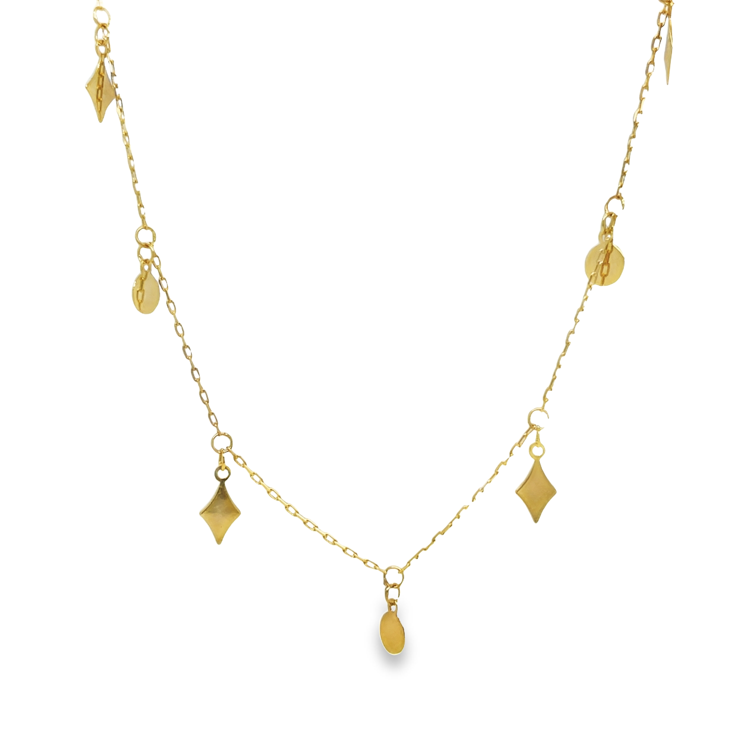 ntroducing our delicate charm necklace, the epitome of grace and elegance. Crafted from the finest gold, this piece features an array of beautifully shaped charms that catch the light with every movement. Perfect for adding a touch of sophistication to any ensemble.