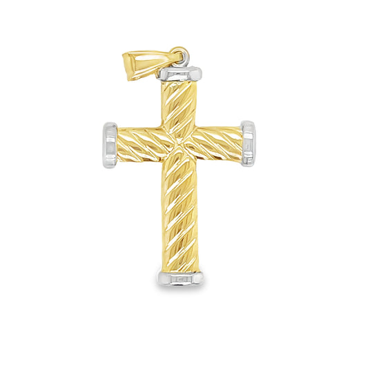 Italian 14k Two Tone Corrugated Gold Cross Pendant Front view