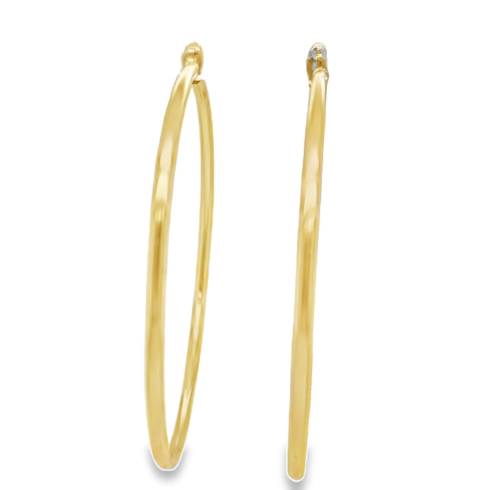 Large 14k Italian Yellow Gold Hoop Earrings 2 mm Front and Side View