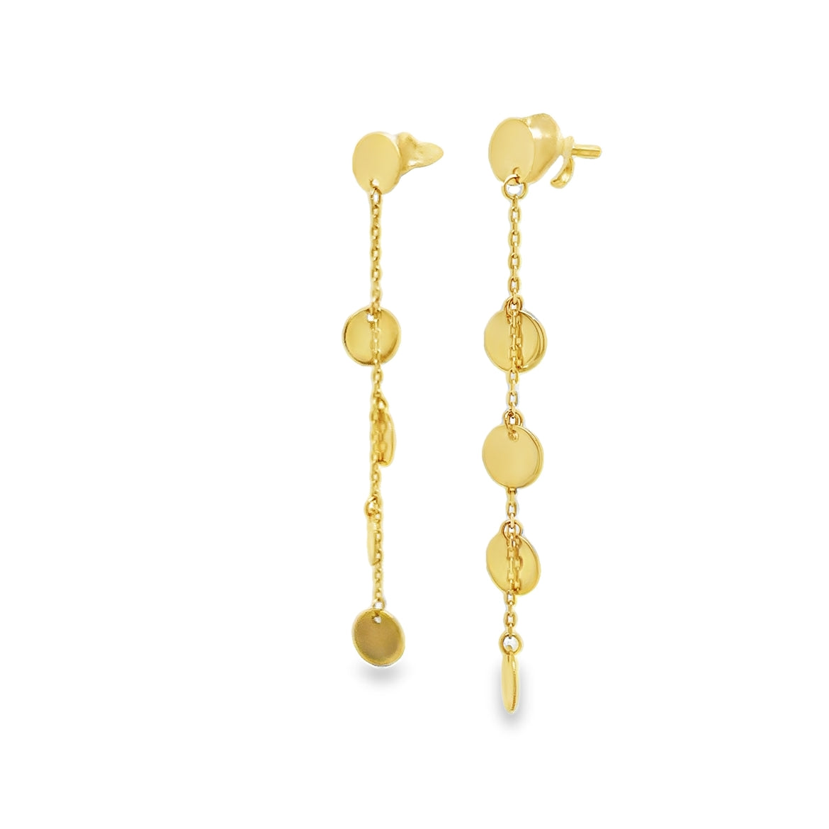 Italian 14k Yellow Gold Multi Disc Chain Dangle Earrings Side view