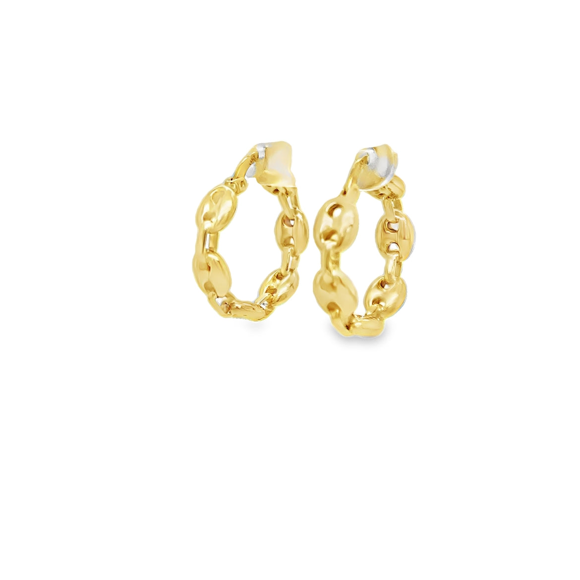 14k Italian Yellow Gold Puffed Anchor Chain Hoop Earrings Small 5.50 mm Side view