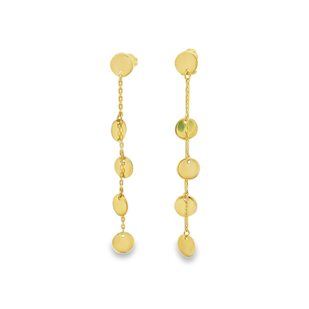 Italian 14k Yellow Gold Multi Disc Chain Dangle Earrings Front view