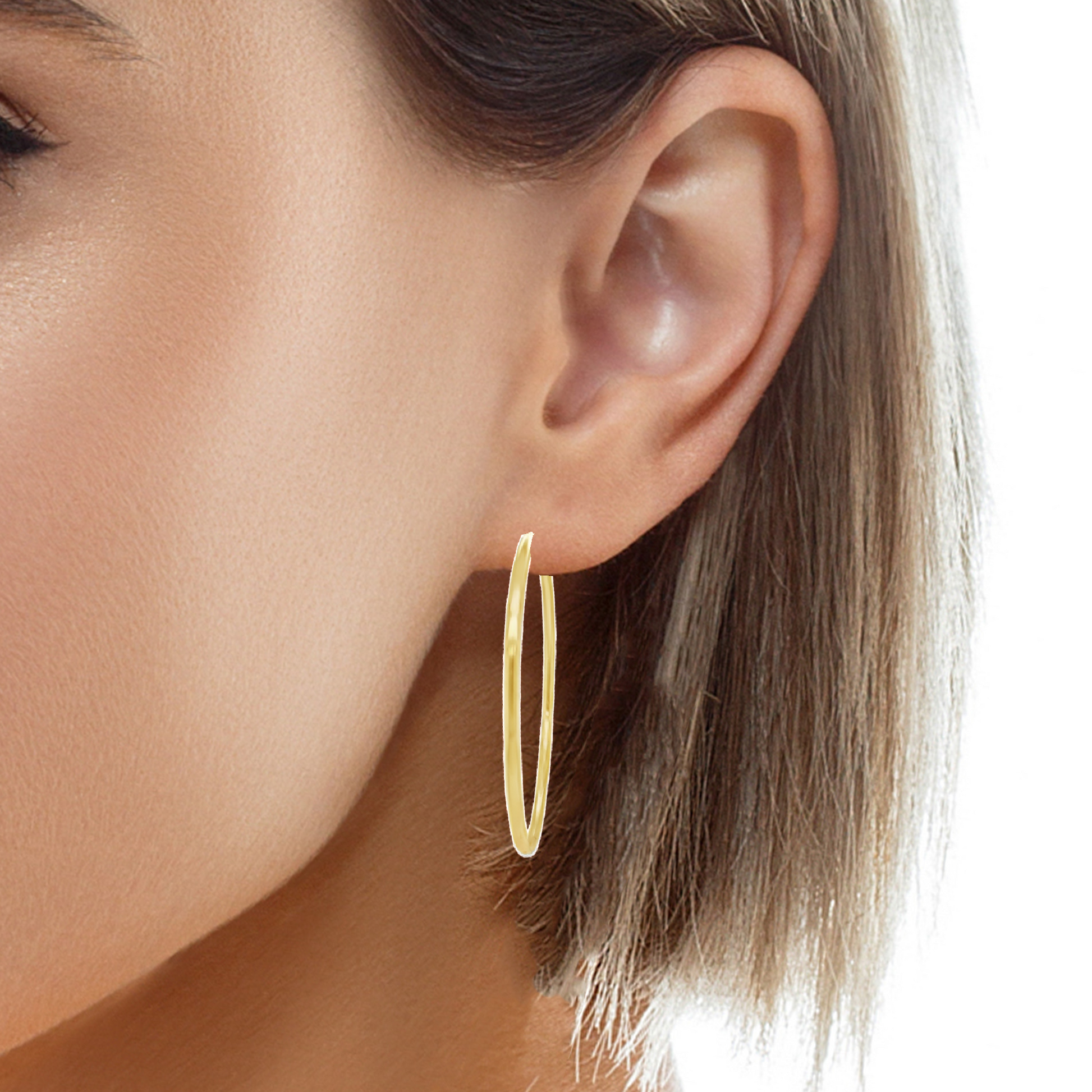 Large 14k Italian Yellow Gold Hoop Earrings 2 mm Try on View