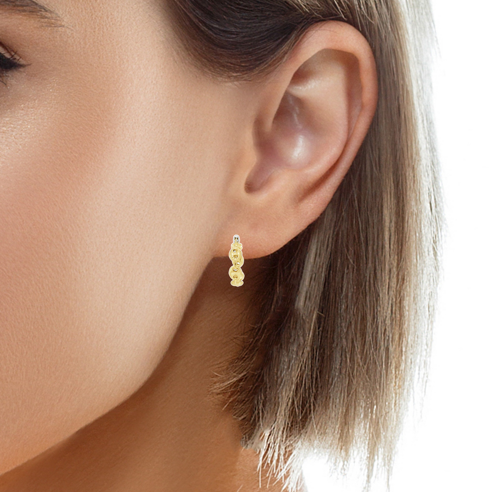 14k Italian Yellow Gold Puffed Anchor Chain Hoop Earrings Small 5.50 mm Try on View
