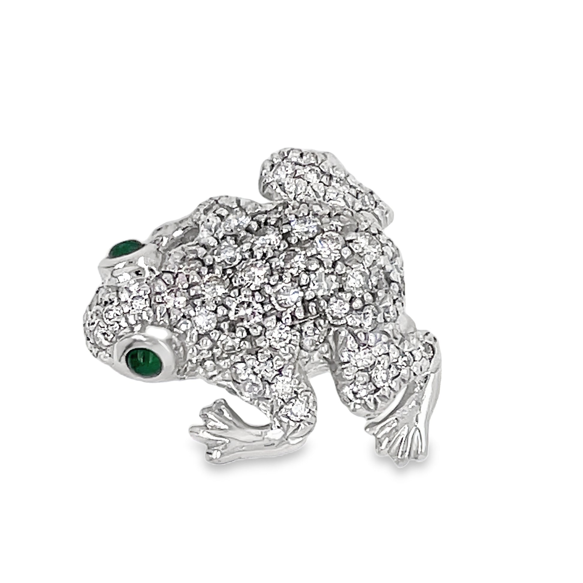 Top view of 18k White Gold Diamond & Emerald Frog Brooch