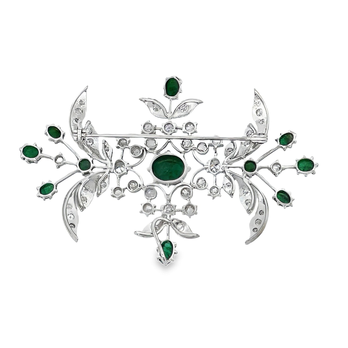 Back view of Estate 18k White Gold Emerald Cabochon and Rose Cut Diamond Brooch