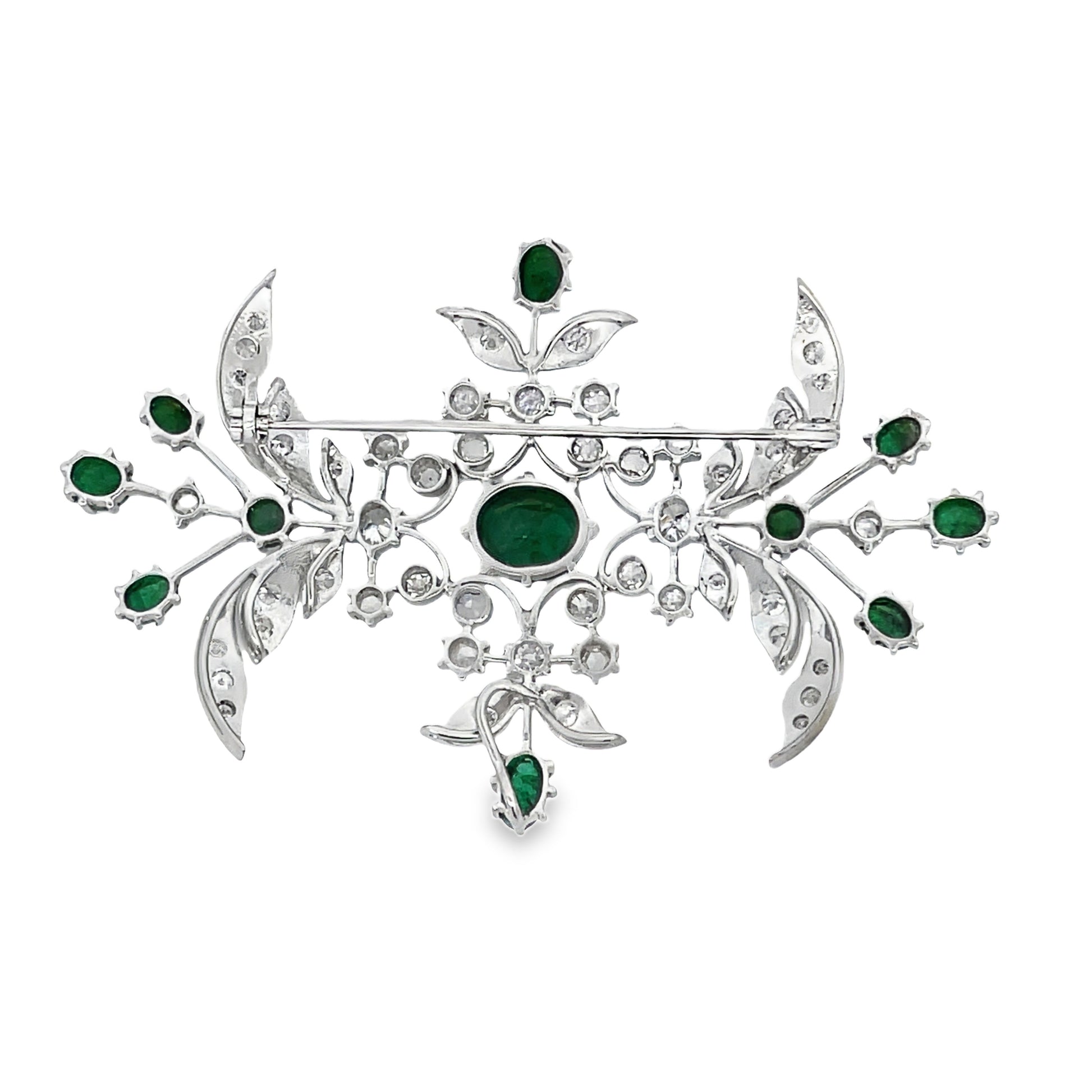 Back view of Estate 18k White Gold Emerald Cabochon and Rose Cut Diamond Brooch