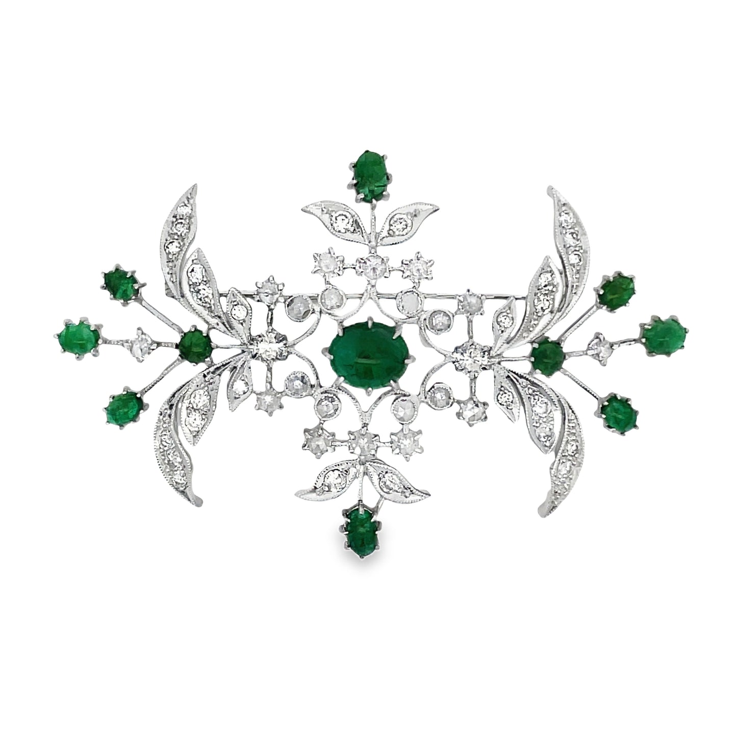Front view of Estate 18k White Gold Emerald Cabochon and Rose Cut Diamond Brooch