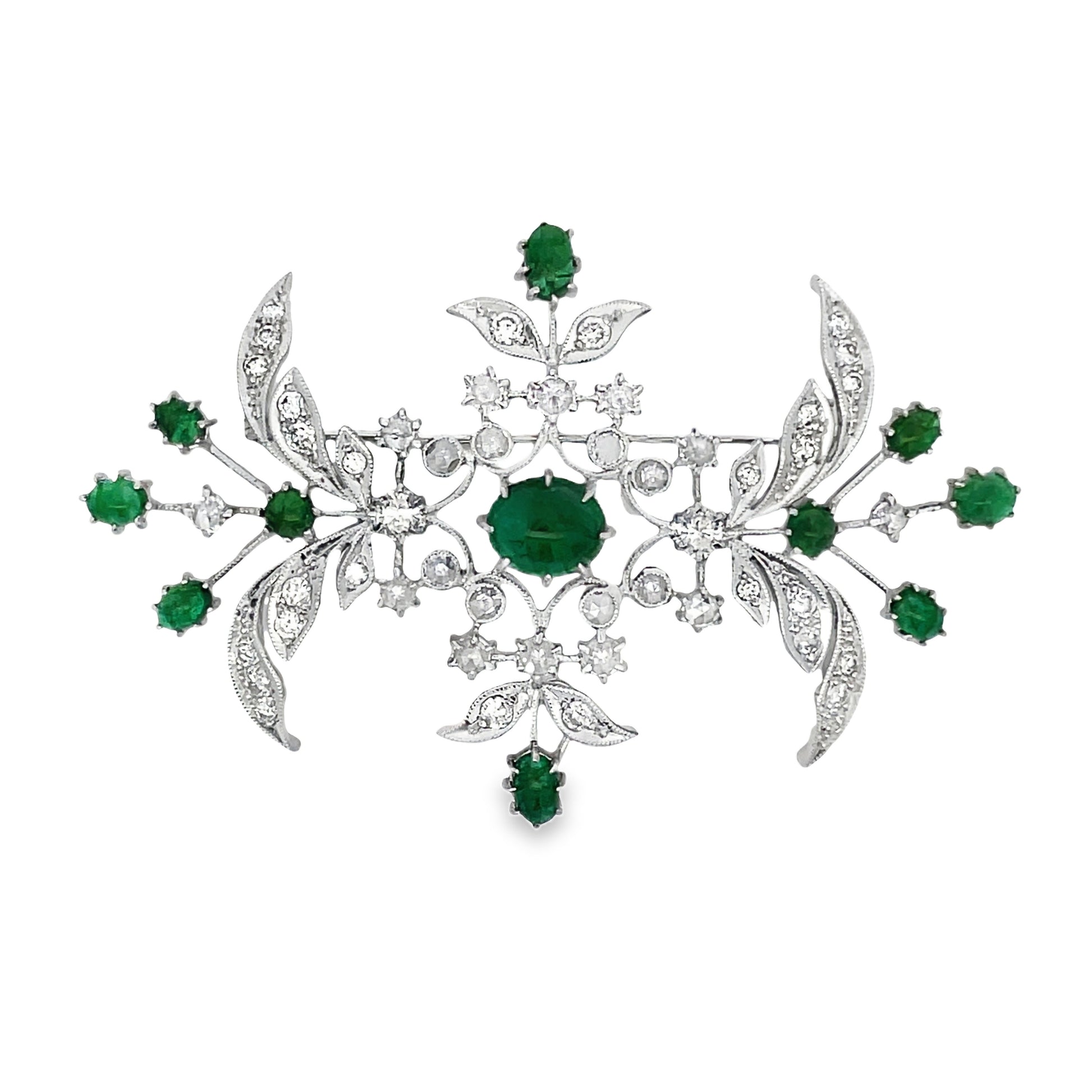 Front view of Estate 18k White Gold Emerald Cabochon and Rose Cut Diamond Brooch