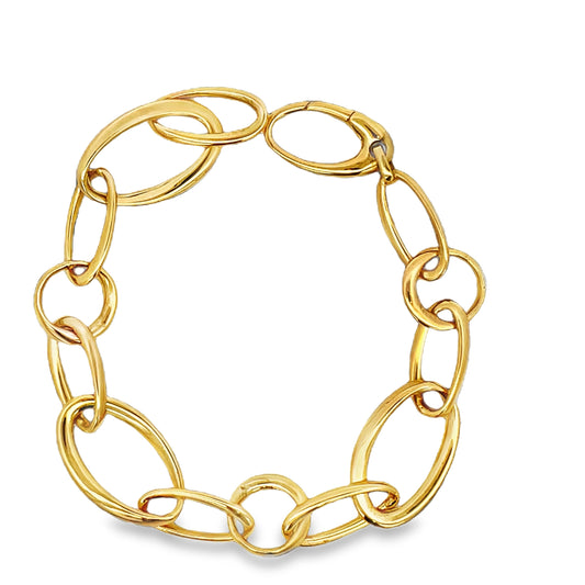 top view of 18K Italian Made Yellow Gold Large Oval and round Open Link Bracelet 7.5"