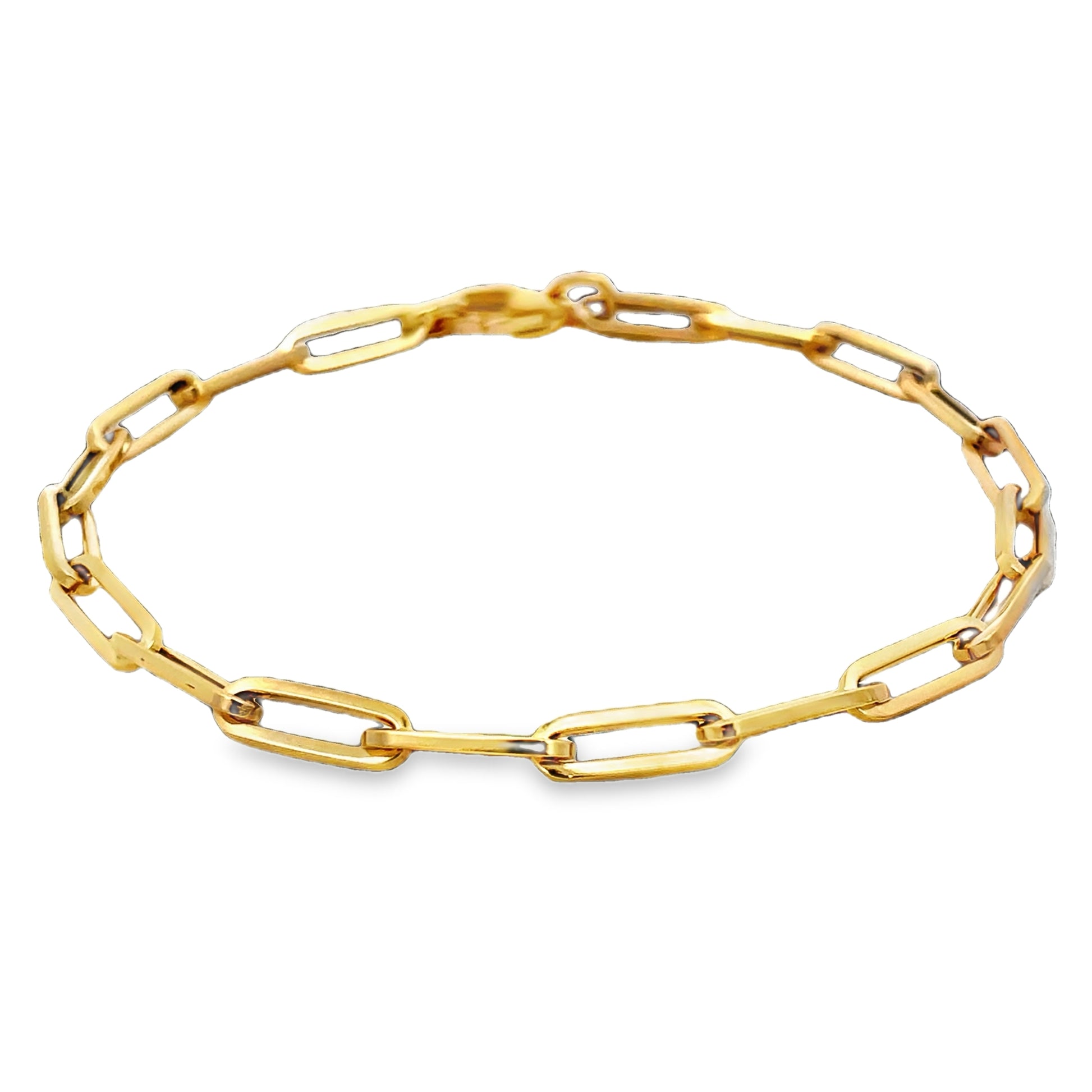 Top view of 18K Italian Made Yellow Gold Solid Paperclip Bracelet 8"