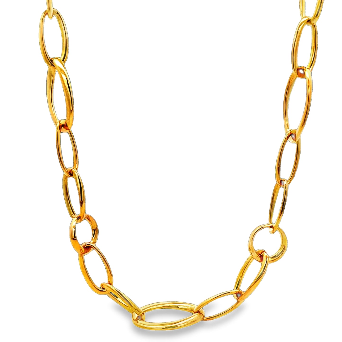 Front view of 18K Italian Made Yellow Gold Large Oval and round Open Link 24" 