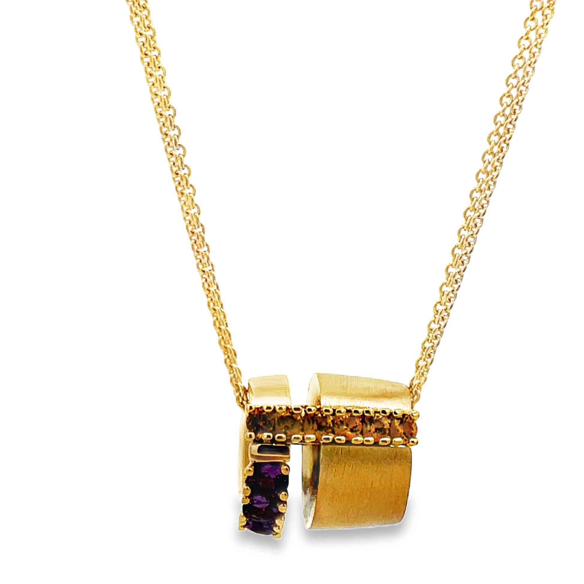 Front view of 18K Italian Made Yellow Gold Amethyst and Citrine Barrel Pendant Necklace 18"