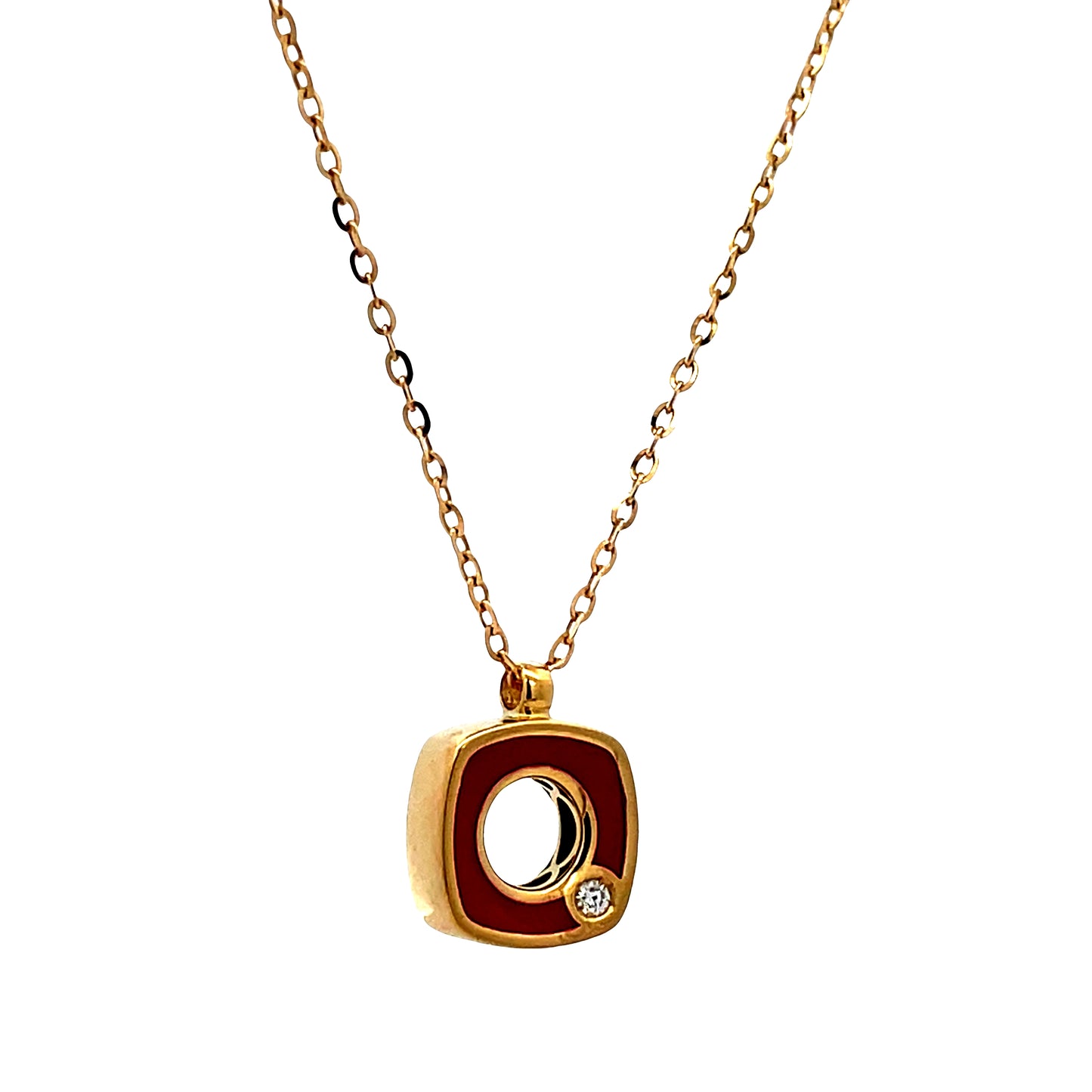 Side view of 18K Italian Made Yellow Gold Red Enamel Diamond Square Pendant Necklace 18"
