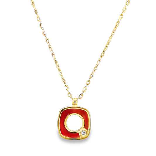Front view of 18K Italian Made Yellow Gold Red Enamel Diamond Square Pendant Necklace 18"