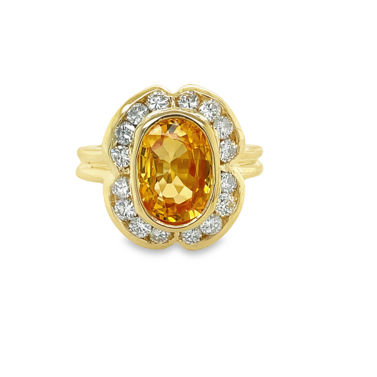 Front view of 14k Yellow Gold Orange Yellow Sapphire & Diamond Ring