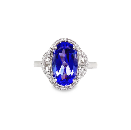 Front view of 18k White Gold Oval Shape Tanzanite & Diamond Fashion Ring