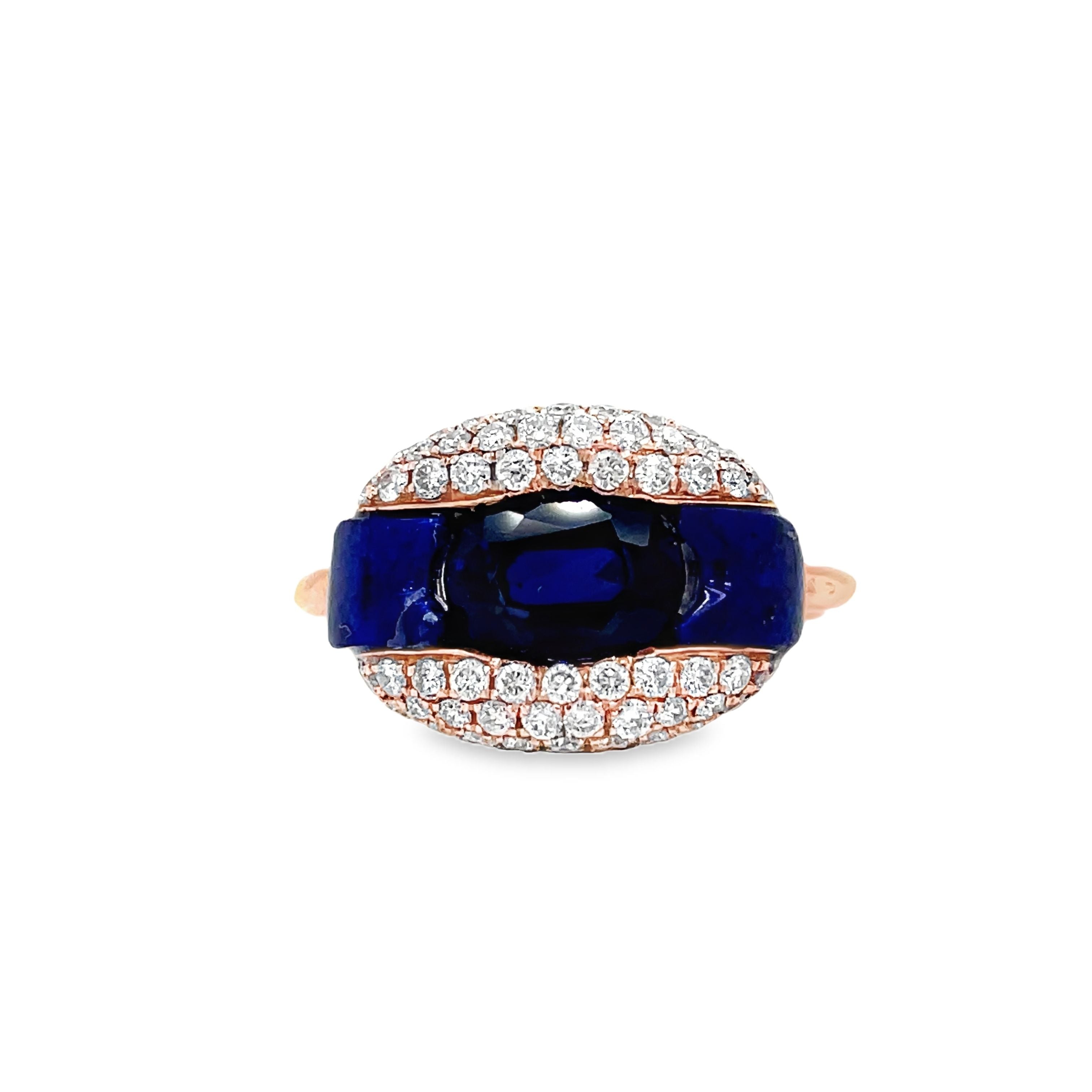 ndulge in luxury with our Open Lapis-Lauzli Diamond Pave Ring. Crafted from 14k rose gold, this ring is adorned with a stunning 1.00 ct oval sapphire, 0.61 ct round diamonds, and 0.79 ct lapiz lazuli. A true masterpiece for the sophisticated and exclusive individual.