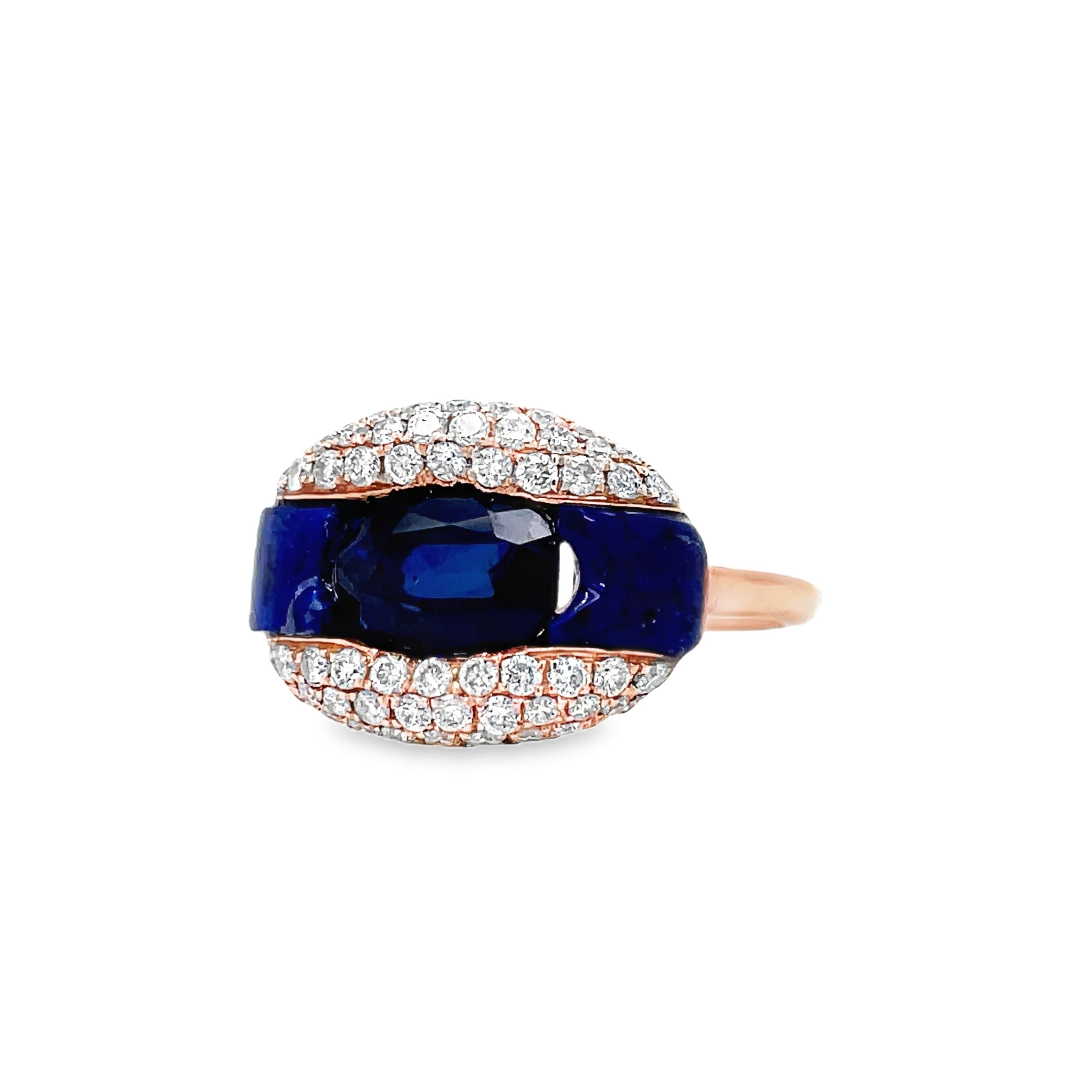 ndulge in luxury with our Open Lapis-Lauzli Diamond Pave Ring. Crafted from 14k rose gold, this ring is adorned with a stunning 1.00 ct oval sapphire, 0.61 ct round diamonds, and 0.79 ct lapiz lazuli. A true masterpiece for the sophisticated and exclusive individual.