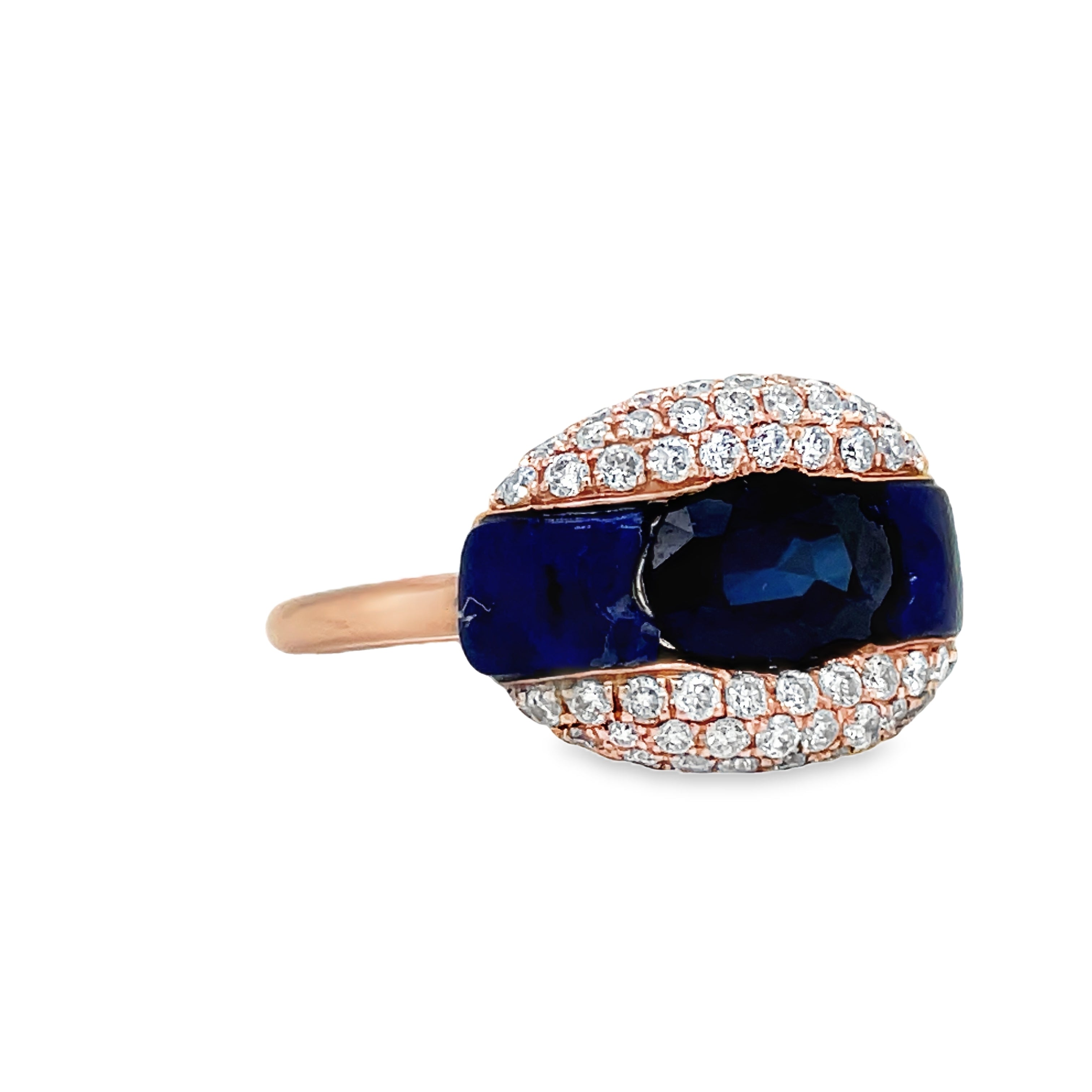 ndulge in luxury with our Open Lapis-Lauzli Diamond Pave Ring. Crafted from 14k rose gold, this ring is adorned with a stunning 1.00 ct oval sapphire, 0.61 ct round diamonds, and 0.79 ct lapiz lazuli. A true masterpiece for the sophisticated and exclusive individual.