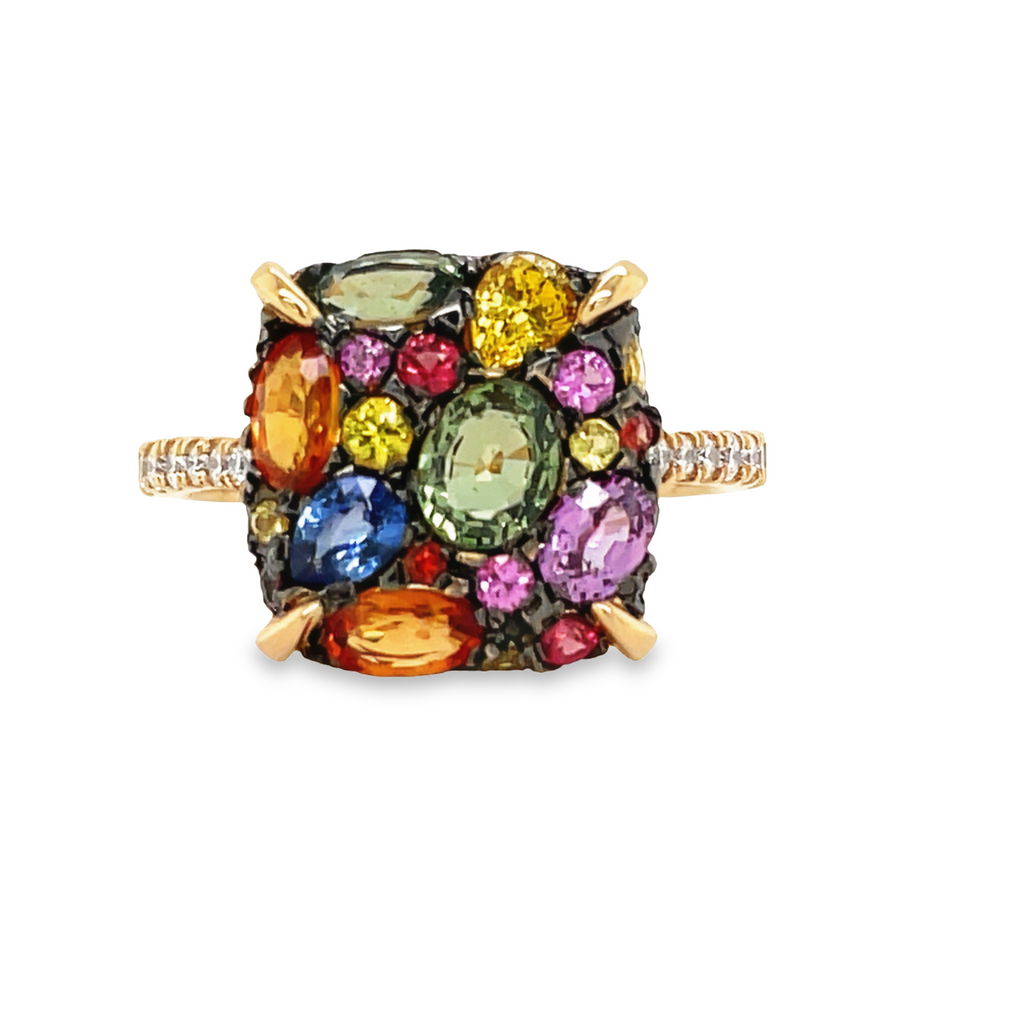 This exquisite 18k rose gold ring boasts an array of multicolor sapphires in various sizes and shades, set off by accenting diamonds for a truly luxurious look. Perfect for formal occasions or as an everyday accessory of luxury.